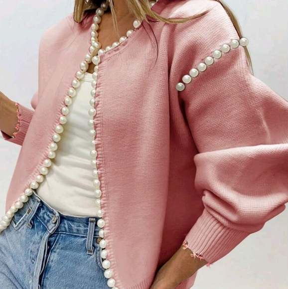 Sweaters - Solid Color Cardigan, Pearl Trim Distressed Hem, Long Sleeve, Elegant Knit Sweat
